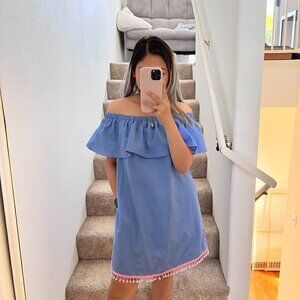 REMY Creations Chambray Off The Shoulder Pompom Hem Mini Dress S‌‌‌‌‌‌‌‌‌‌‌‌‌‌